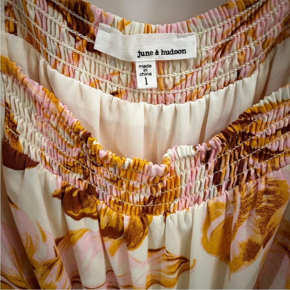 june & hudson Yellow Pink Palm Print Ruffle-Sleeve Wide-Leg Jumpsuit NWT Large - Picture 9 of 11